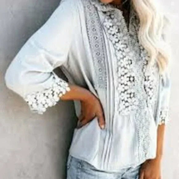 New Grey Lace Button Front Blouse Top Bohemian Western Dress Causal Vintage - Picture 4 of 7
